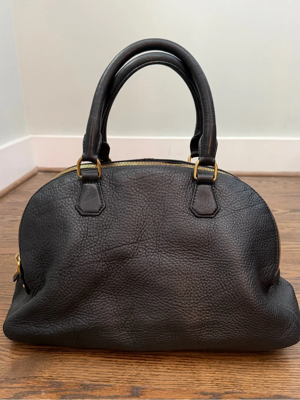 J.Crew Newbury Black Pebbled Leather Triple Zip Satchel Handbag Gold Hardware